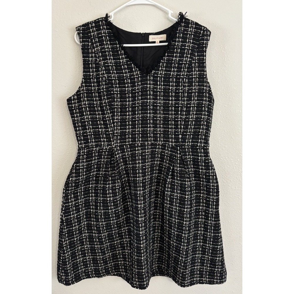 Solitaire Womens Size 12 Black White Tweed Fit Flare Dress Sleeveless Pockets